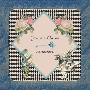 Alice in Wonderland Harlequin Black Blue Wedding Square Paper Coaster