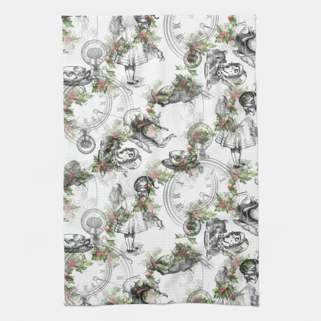 Alice in Wonderland Holly Christmas Tea Towel (Vertical)
