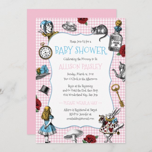 Alice in Wonderland Houndstooth Baby Shower Invitation (Front/Back)