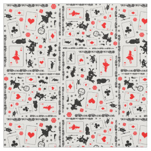 Alice in Wonderland in Black White Red on White Fabric