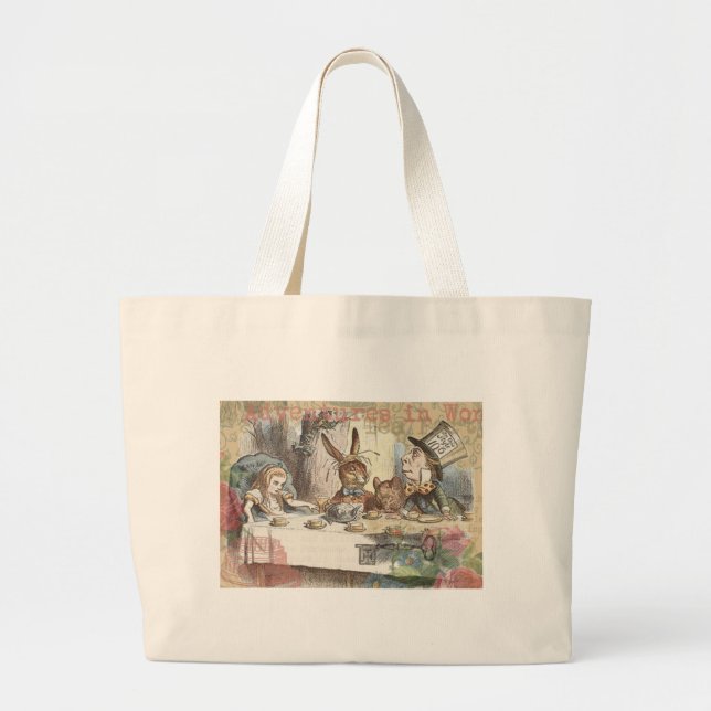 Alice in Wonderland Mad Tea Party Art Large Tote Bag (Front)
