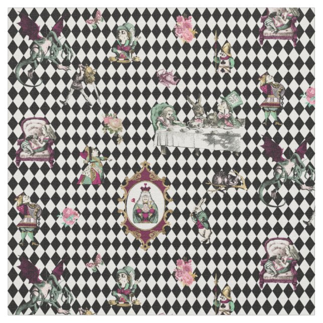 Alice in Wonderland on Black and White Harlequin Fabric (Close Up)