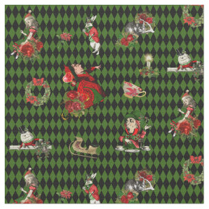 Alice in Wonderland on Christmas on green/black Fabric