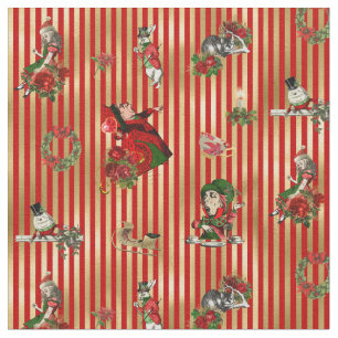 Alice in Wonderland on Christmas red/gold striped Fabric