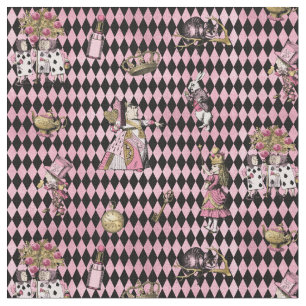 Alice in Wonderland on pink and black harlequin Fabric
