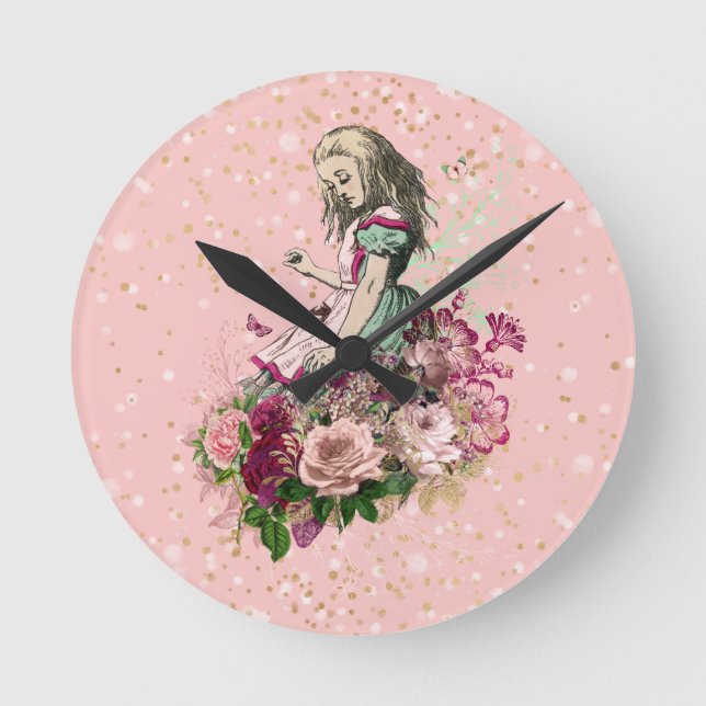 Alice in Wonderland on Pink and Gold Glitter Round Clock (Front)