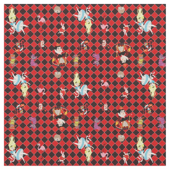 Alice in Wonderland on Red and Black Art Deco Fabric (Close Up)