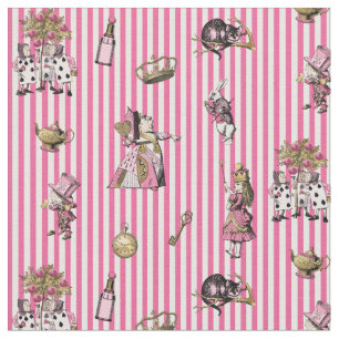Alice in Wonderland on sweet pink/white striped Fabric