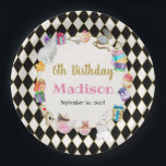 Alice in Wonderland Personalised Paper Plate<br><div class="desc">Alice in Wonderland kids birthday paper plate, with black & white background. Personalise with your info. Mad tea party paper plates. Wording can be adjusted for any birthday. Match with other Alice in Wonderland birthday party items from "Alice in Wonderland Birthday" collection. Kids Birthday paper plates template Alice in Wonderland....</div>