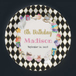 Alice in Wonderland Personalised Paper Plate<br><div class="desc">Alice in Wonderland kids birthday paper plate, with black & white background. Personalise with your info. Mad tea party paper plates. Wording can be adjusted for any birthday. Match with other Alice in Wonderland birthday party items from "Alice in Wonderland Birthday" collection. Kids Birthday paper plates template Alice in Wonderland....</div>