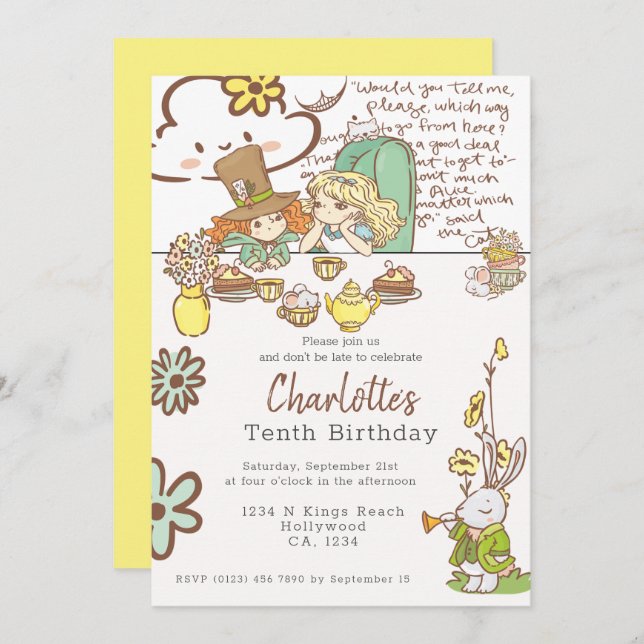 Alice in Wonderland Personalised Party Invitation (Front/Back)