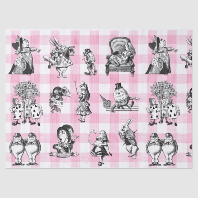 Alice In Wonderland, pink and white gingham Tissue Paper (Front)