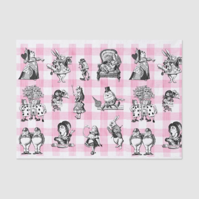 Alice In Wonderland, pink and white gingham Tissue Paper (Front)