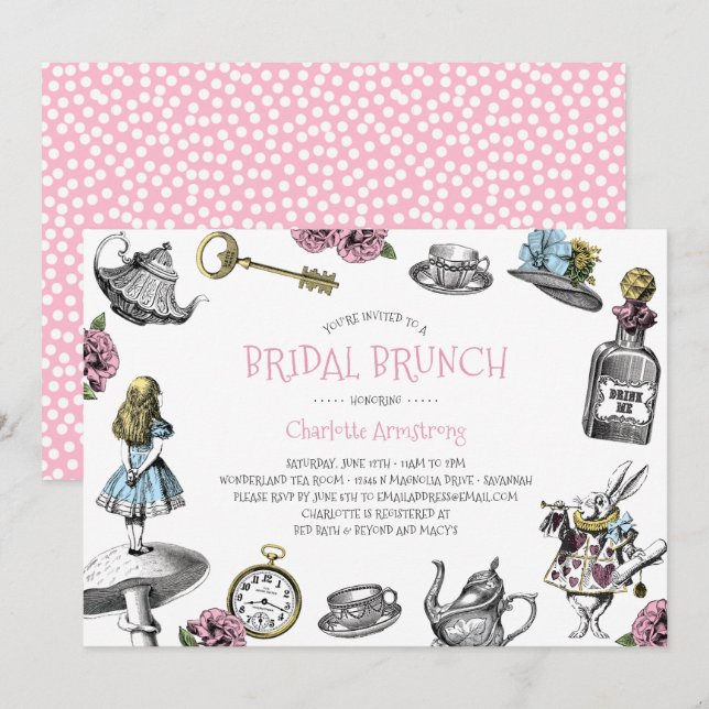 Alice in Wonderland Pink Bridal Brunch Invitation (Front/Back)