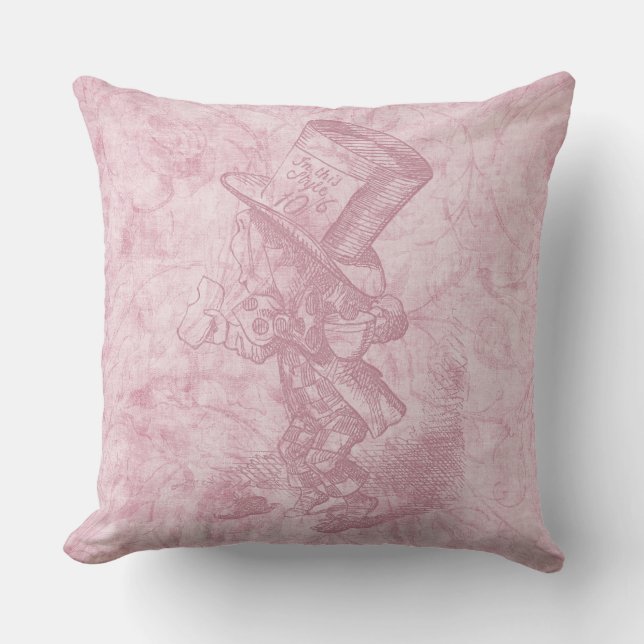 Alice in Wonderland Pink Floral Art Mad Hatter Cushion (Front)
