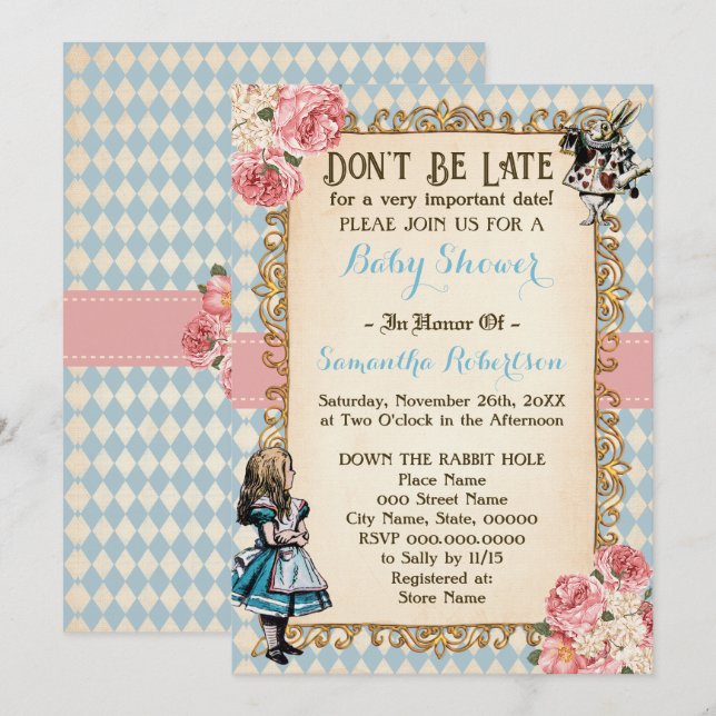 Alice in Wonderland Pink Flowers Baby Shower Invitation (Front/Back)