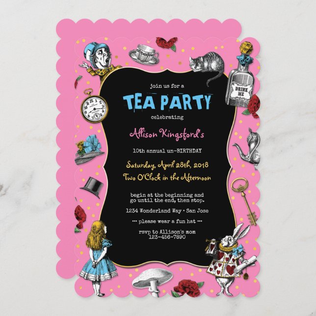 Alice in Wonderland Pink Tea Party Invitation (Front/Back)