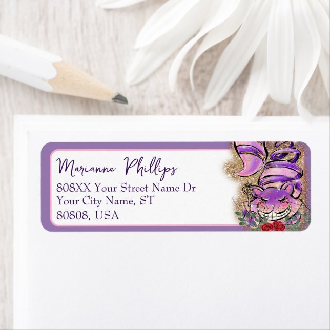 Alice in Wonderland Purple Cheshire Cat Return Address Label (Insitu)