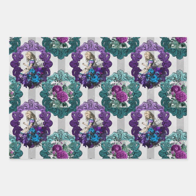 Alice in Wonderland Purple Green Frames Wrapping Paper Sheet (Front)