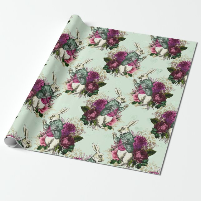Alice in Wonderland Rabbit Green Wrapping Paper (Unrolled)