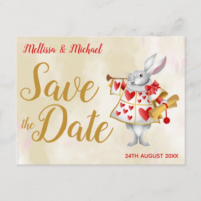 Alice in Wonderland Rabbit Herald Save the Date Postcard (Front)
