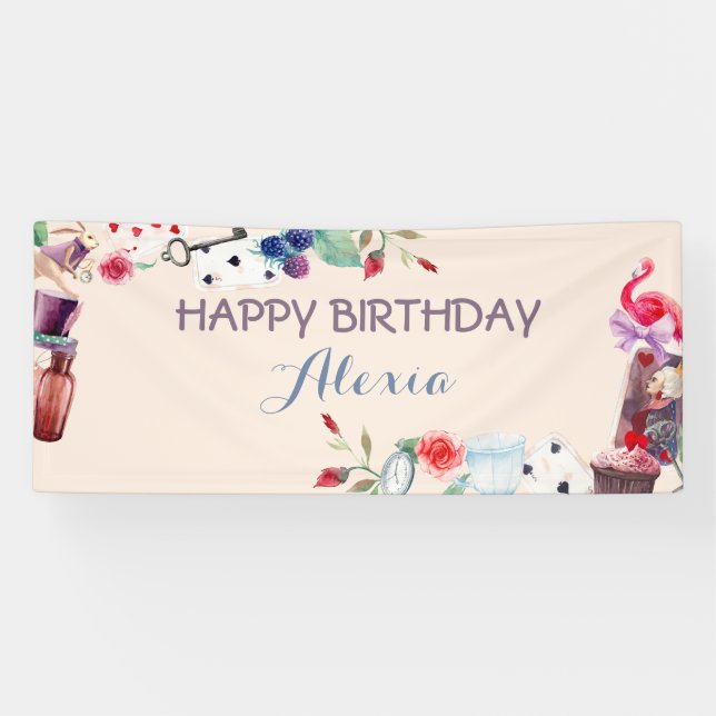 Alice in Wonderland Rabbit Tea Key Clock Rose Banner (Horizontal)