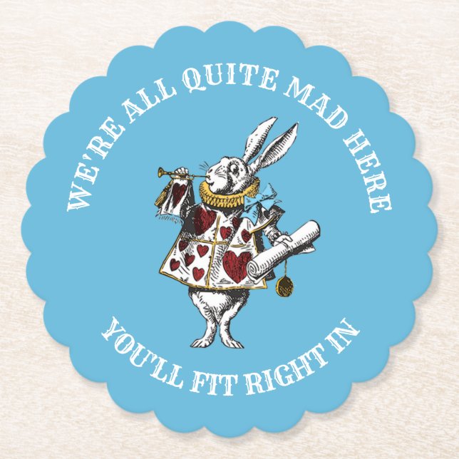 Alice in Wonderland Rabbit with Mad Quote Paper Coaster (Front)