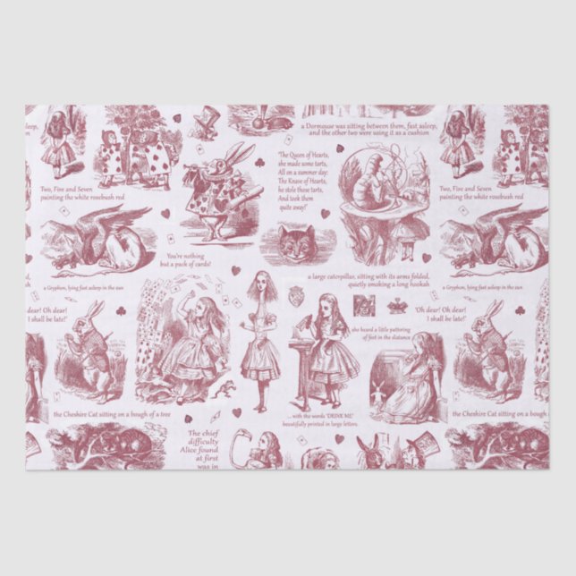 Alice in Wonderland Red Burgundy Toile Quotes Tissue Paper (Front)