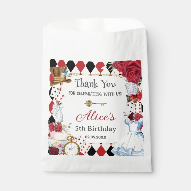Alice in Wonderland Red Floral Birthday Tea Party  Favour Bag (Front)