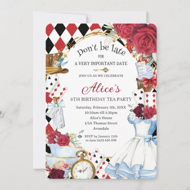 Alice in Wonderland Red Floral Birthday Tea Party Invitation (Front)