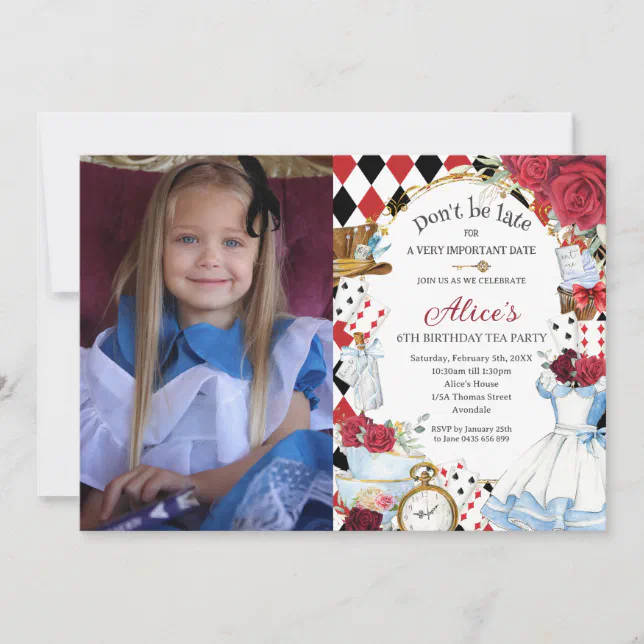 Alice in Wonderland Red Floral Birthday Tea Party Invitation | Zazzle
