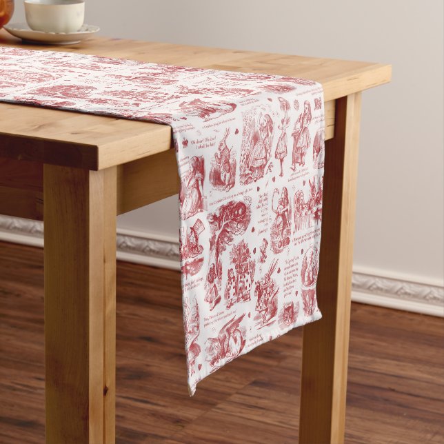Alice in Wonderland Red Toile Quotes Short Table Runner (In Situ)