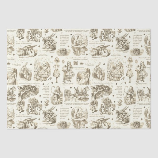 Alice in Wonderland Sepia Beige Toile Quotes Tissue Paper (Front)