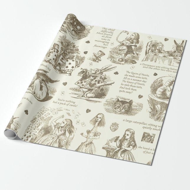 Alice in Wonderland Sepia Beige Toile Quotes Wrapping Paper (Unrolled)