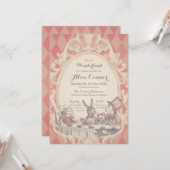 Alice in Wonderland Shower Invitations | Pink (Front/Back In Situ)
