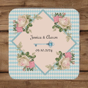 Alice in Wonderland Soft Blue Harlequin Square Paper Coaster