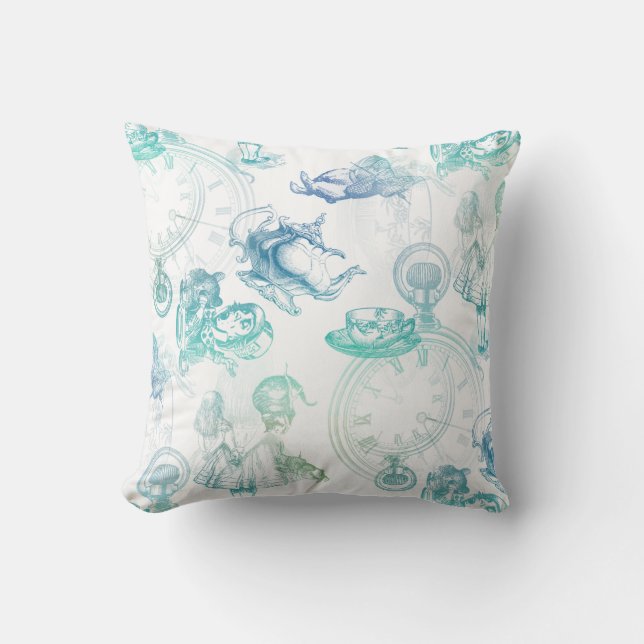 Alice in Wonderland Tea Blue Green Throw Pillow (Front)