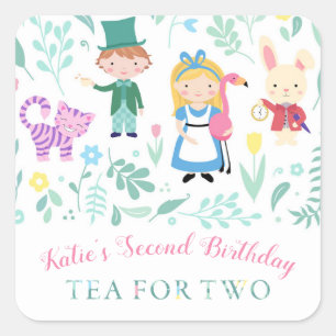 Alice in Wonderland Tea for Two Second Birthday Square Sticker