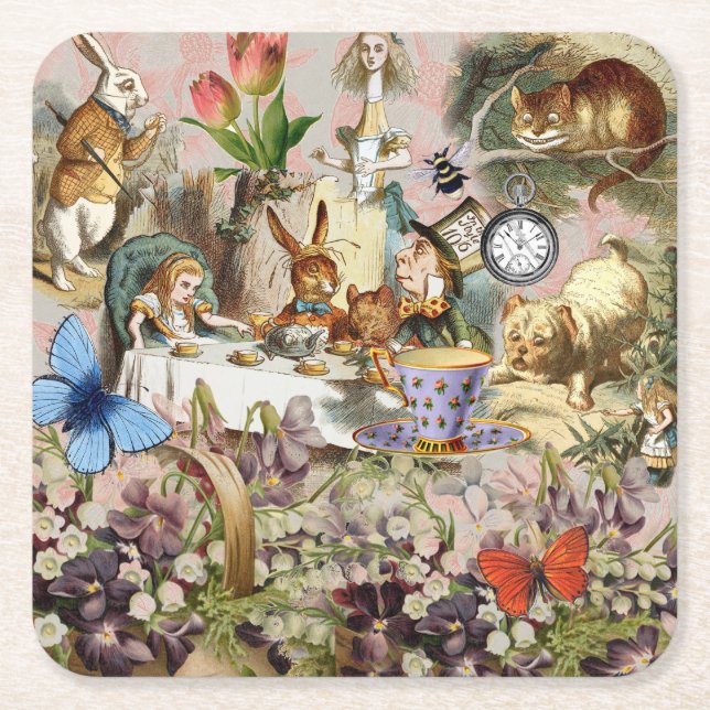 Alice in Wonderland Tea Party Art Square Paper Coaster (Front)