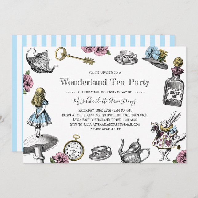 Alice in Wonderland Tea Party Blue Stripes Invitation (Front/Back)