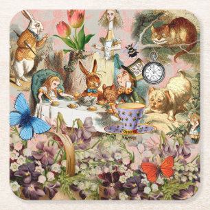Alice in Wonderland tea party characters Square Paper Coaster