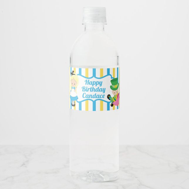 Alice in Wonderland Tea Party Custom Kids Birthday Water Bottle Label (Front)