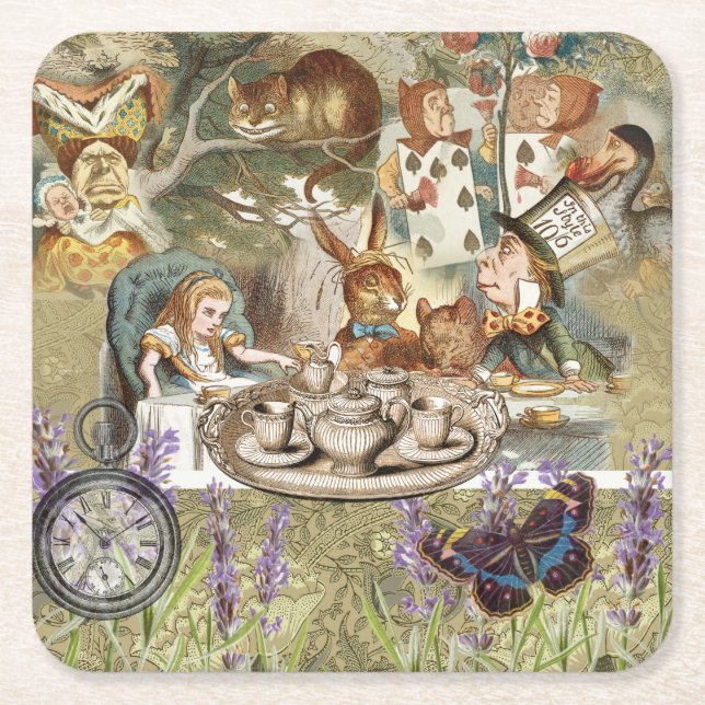 Alice in Wonderland Tea Party Guests Square Paper Coaster (Front)