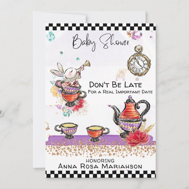 *~* Alice in Wonderland Tea Pot Rabbit Tea Cups Invitation (Front)