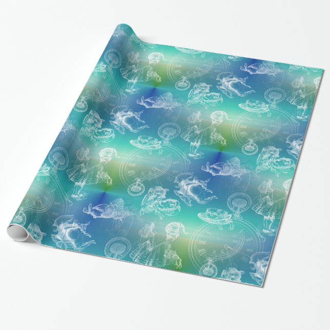 Alice in Wonderland Tea Time Blue Green Gift Wrap (Unrolled)