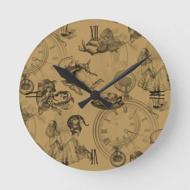 Alice in Wonderland Teatime Gold Black Clock (Front)