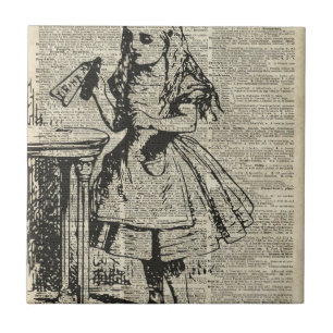 Alice in Wonderland Vintage Stencil on Old Page Ceramic Tile