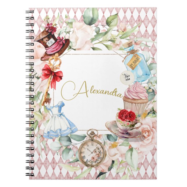 Alice In Wonderland Watercolor Floral Personal Notebook (Front)