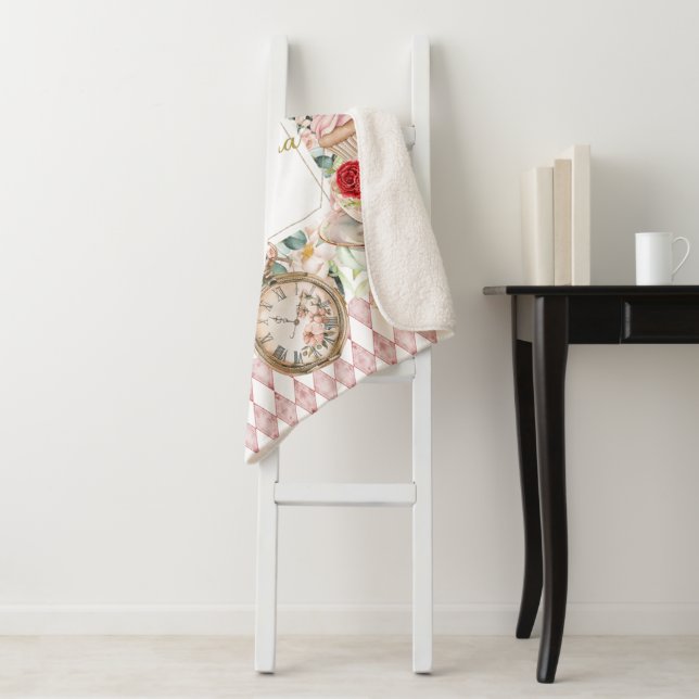 Alice In Wonderland Watercolor Floral Pink  Sherpa Blanket (In Situ)