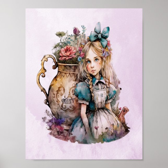 Alice In Wonderland Watercolor Flowers Poster (Front)